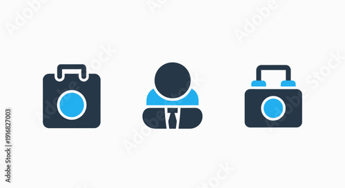 Digital User Interface Icons Featuring Business Bag, Personal Profile, and Multimedia Camera for Modern Web and App Designs in Blue and Dark Gray
