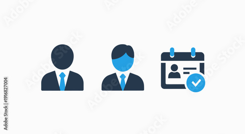 Modern Business User Profiles and Appointment Scheduling Management Icons, Depicting Corporate Identity, Calendar Planning, and Meeting Confirmation in Blue and Gray
