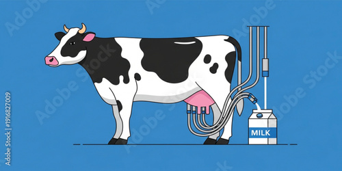 Dairy Cow Milking Process Vector Illustration with Automatic Milking Machine and Milk Carton Farm Agriculture Livestock Production Concept