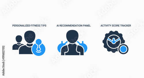 Advanced Digital Technology Icons for Health, Fitness, AI Recommendations, and Activity Tracking with Data Analytics for Personal Wellness Applications