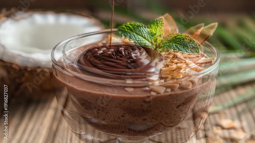 Chocolate dessert with coconut and mint garnishes close up