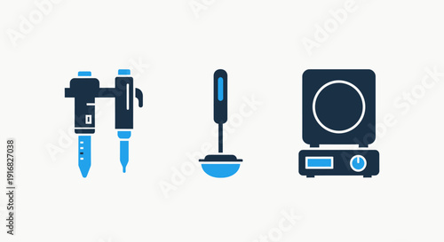 Essential Science and Culinary Laboratory Equipment Icons Featuring Micropipettes, Ladle, and Hot Plate for Research and Food Preparation