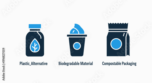 Sustainable Eco-Friendly Packaging and Biodegradable Material Icons for Environmental Consciousness and Plastic Alternatives in Modern Design