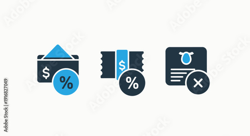 Financial Transaction and Retail Marketing Icons Representing Discounts, Coupons, and Payment Rejection for E-commerce and Banking Services