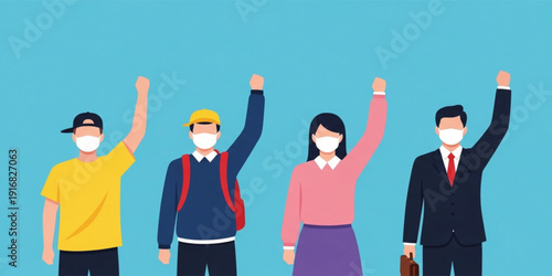 Diverse People Wearing Face Masks Raising Hands Together for Unity Support and Public Health Awareness Community Protection Vector Illustration