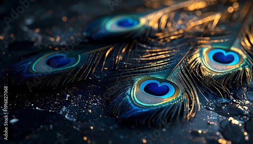 Luxurious Macro Shot of Peacock Feathers with Sparkling Gold Dust and Deep Blue Ocelli on a Dark Background, emphasizing texture and vibrant color.