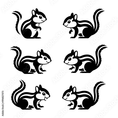 A group of six identical black and white illustrations featuring a cute chipmunk sitting upright with its tail curled.