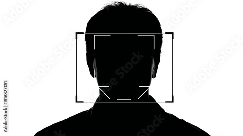 A shadowed portrait featuring a human head in silhouette, framed by a recognition box