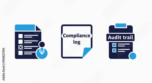 Flat vector icons illustrating business compliance processes including checklists, compliance logs, and audit trails for regulatory and financial management.