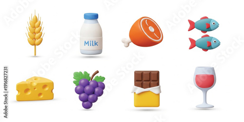Food and Nutrition Icon Set with Wheat Milk Meat Fish Cheese Grapes Chocolate and Wine Symbols for Grocery Farming Restaurant and Healthy Diet Design
