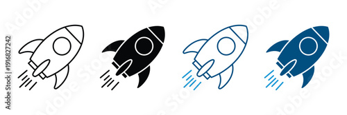 Rocket ship icon vector set. Spacecraft launch symbol for startup business, speed optimization, and project mission. Vector Illustration.