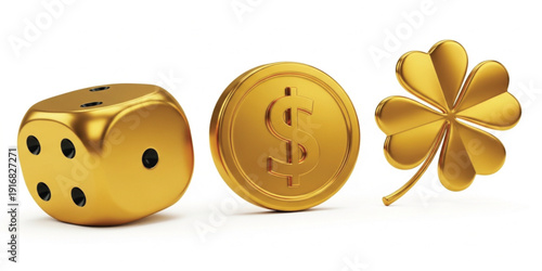Golden Luck and Wealth Icon Set with Dice Dollar Coin and Four Leaf Clover Luxury Finance Success 3D Vector Illustration