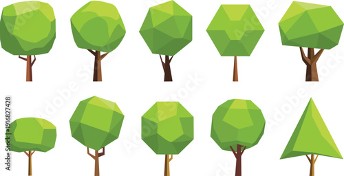 Geometric tree silhouettes, polygonal foliage, low-poly art, abstract forest design, minimalist nature, digital graphics, landscape icon, modern decorative pattern
