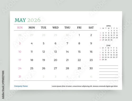 Calendar for May 2026 year. Planner calender template. Monthly organizer. Desk corporate diary. Timetable layout. Week starts Sunday. Schedule planer grid. Vector simple illustration. Paper size A5