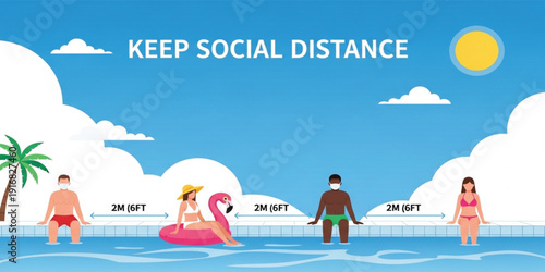 Keep Social Distance at Swimming Pool Illustration with People Wearing Masks and Maintaining Safe Space for Public Health Awareness and Safety Guidelines