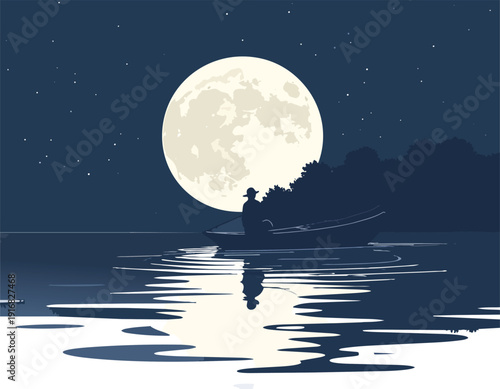 Full moon shining over the dark blue ocean under a starry night sky with bright moonlight reflecting on the water