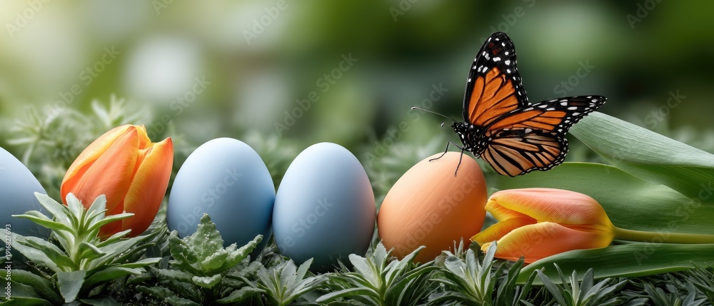 Fototapeta premium Colorful easter eggs and tulip flowers with butterflies in a garden setting during the spring season