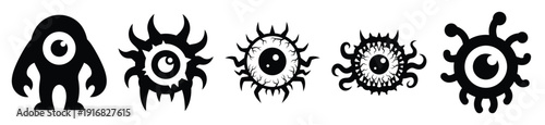 Collection of Happy Halloween eyeball monster silhouette icon set. Vector illustration on white background.