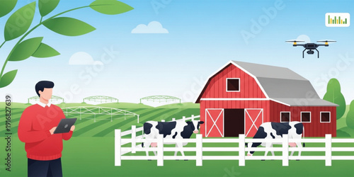 Modern Smart Farming Concept with Farmer Using Tablet to Manage Dairy Cows Red Barn and Agricultural Drone for Precision Livestock Monitoring