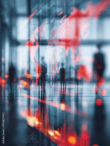 Wallpaper Mural Blurred silhouettes of business professionals walking in a modern office with glowing global map and financial data interface overlay reflecting digital economy tren Torontodigital.ca