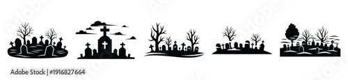 Collection of Happy Halloween foggy graveyard silhouette icon set. Vector illustration on white background.