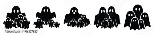 Collection of Happy Halloween ghost family silhouette icon set. Vector illustration on white background.