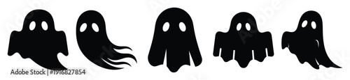 Collection of Happy Halloween ghost floating silhouette icon set. Vector illustration on white background.