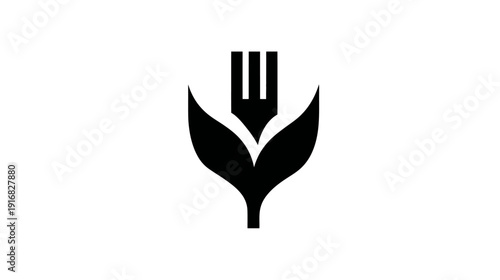 A black and white graphic depicting a stylized plant. The plant's top has a fork-like design