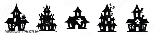 Collection of Happy Halloween ghost house silhouette icon set. Vector illustration on white background.