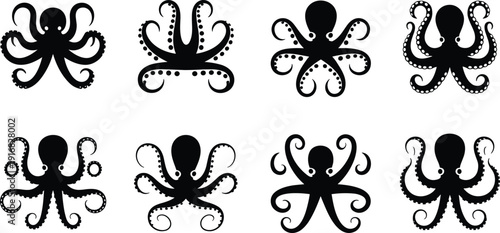 Stylized black octopus illustrations, marine life art, tentacle patterns, sea creature design, underwater theme, aquatic symbol, ocean animal artwork