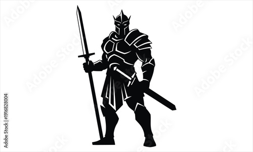 Black silhouette of a medieval knight in armor holding a sword and a long dagger isolated on white background