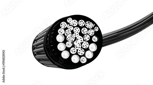 A detailed black and white illustration of a circular object with an array of lights and wires