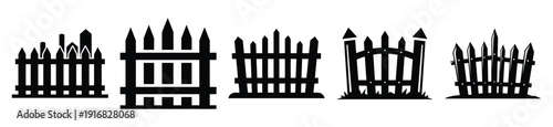 Collection of Happy Halloween graveyard fence silhouette icon set. Vector illustration on white background.