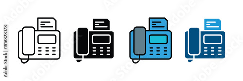 Fax machine icon vector set. Landline telephone and document scanner symbol for office communication, business hardware, and telecommunication. Vector Illustration.