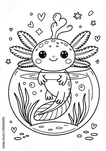 Cute axolotl coloring page for kids featuring adorable aquatic character swimming in round fish bowl with bubbles and marine plants