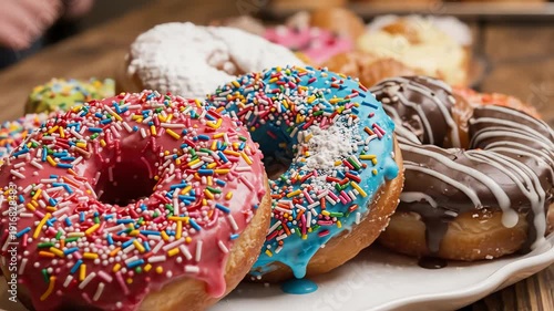 Close up of colorful donuts with sprinkles on a white plate