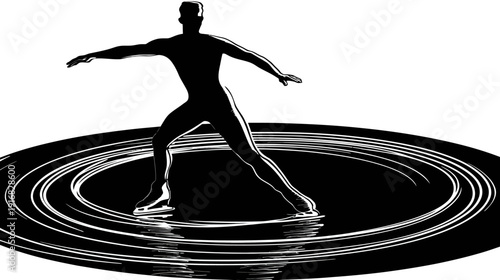 A silhouette of a figure skater performing a routine on an ice rink, surrounded by concentric lines