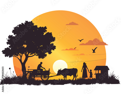 Vector illustration of a wolf howling at sunset and the moon in a dark Halloween landscape with trees, bats, and silhouettes under an orange sky