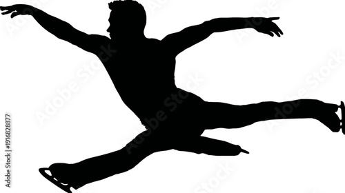 A silhouette of a skater in motion, mid-air with one leg extended and arms outstretched