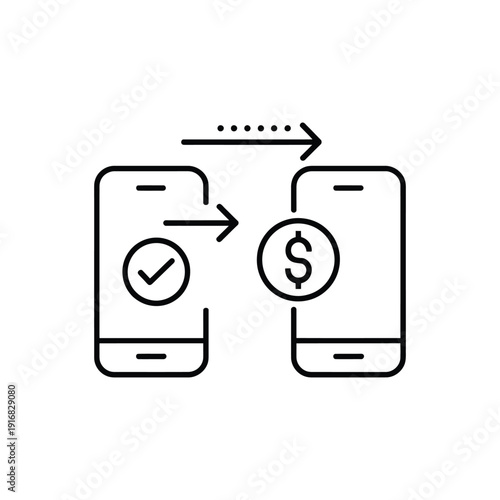 Electronic funds transfer icon depicting money moving between two cellular devices with directional arrows and currency dollar sign