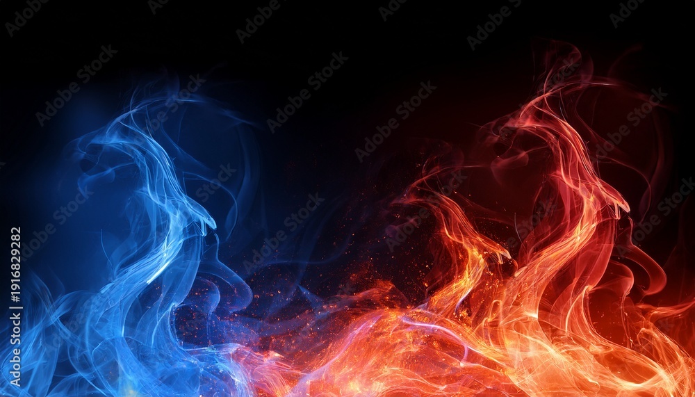 Fototapeta premium abstract blue and red fire contrast on black background with flames and sparks