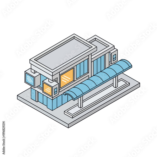 Modern Commercial Building with Blue Awning.