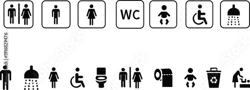 WC icon set. Toilet, restroom, man and woman, bathroom, disabled, dumpster, toilet paper, infant - stock vector. WC icon set. Toilet, restroom, man and woman, bathroom, disabled, dumpster, toilet pape