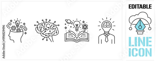 Editable line icon set in a black simple and clean vector outline stroke for imagination, cognitive ability, human brain power, creative thinking, artificial intelligence and education or idea concept