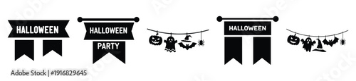 Collection of Happy Halloween party banner silhouette icon set. Vector illustration on white background.