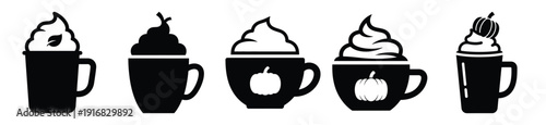 Collection of Happy Halloween pumpkin spice latte silhouette icon set. Vector illustration on white background.