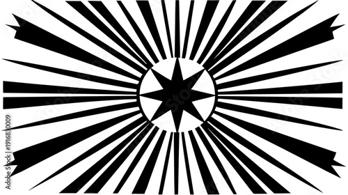 Black and white graphic, radiant star shape, with beams extending from a central focal point