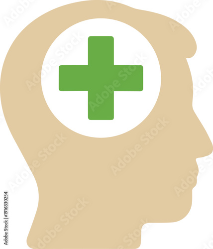 Flat design human head silhouette with green medical cross icon for mental health and psychology vector illustration EPS file