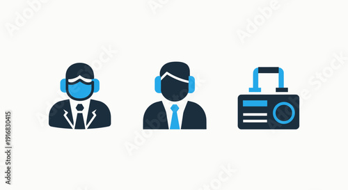 Icons depicting customer support agents with headsets and a radio communication device, representing call center operations and professional assistance.