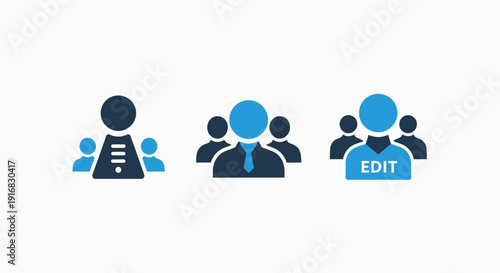Vector icons representing teamwork, leadership, and editing roles, showing groups of people with document and 'EDIT' labels for collaboration and content management.